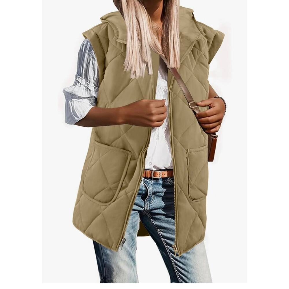 Leani Womens Long Puffer Vest Full Zip Hooded Sleeveless with Pockets Size L